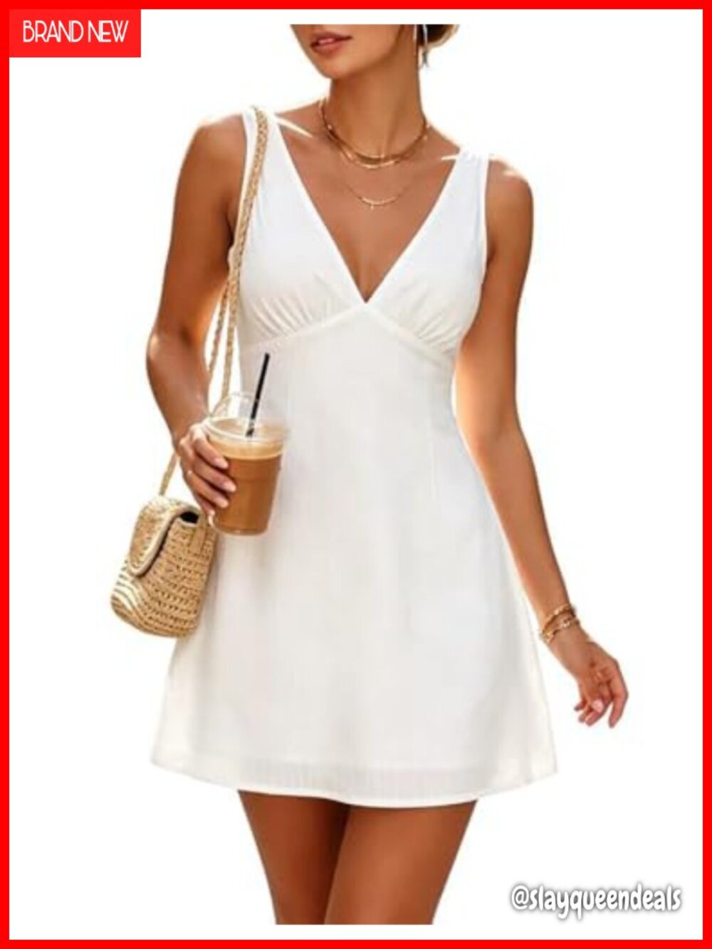 Cotton V Neck Mini Dress Empire Waist Sleeveless Sundress